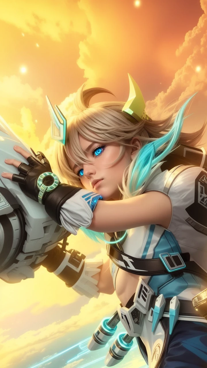 Anime boy cyberpunk blue, white and black color scheme blonde hair blue eyes