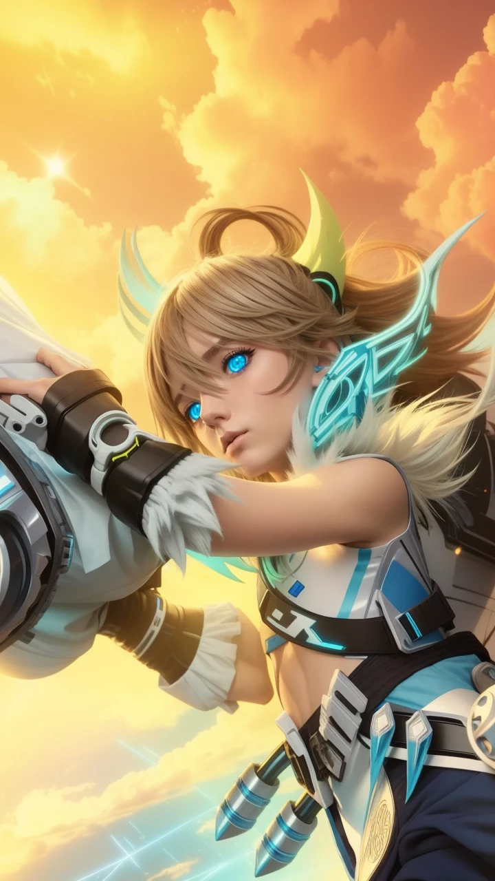Anime boy cyberpunk blue, white and black color scheme blonde hair blue eyes
