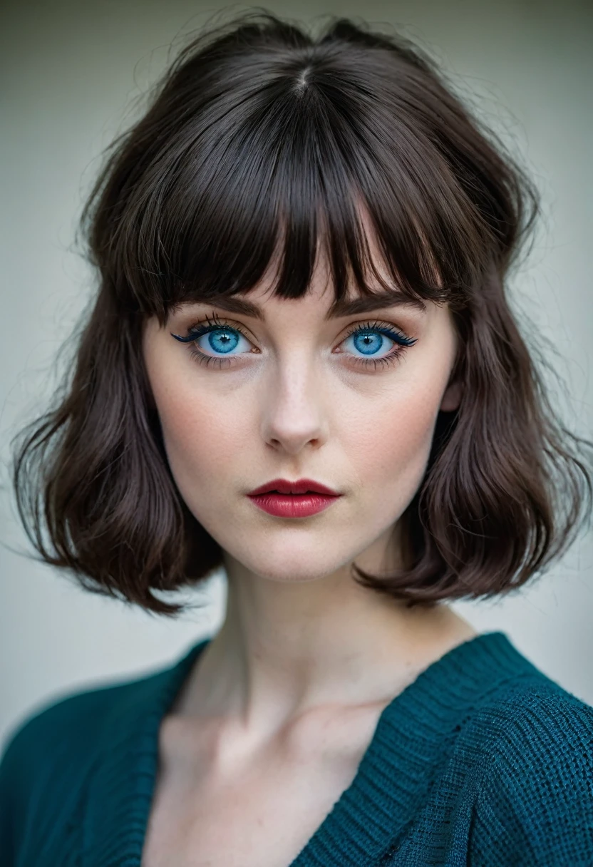 a young half Irish and half English woman, short wavey hair & bangs, blue eyes, modern retro picture aesthetic, looks like she is bravely posing for the camera, keep the same aspect ratio, The colors are masterfully captured by Nikon D850 and a Nikon AF-S NIKKOR 70-200mm f/2.8E FL ED VR lens, modern style, powerful woman image, dark gothic clothes, without makeup, pale skin, harsh facial features,