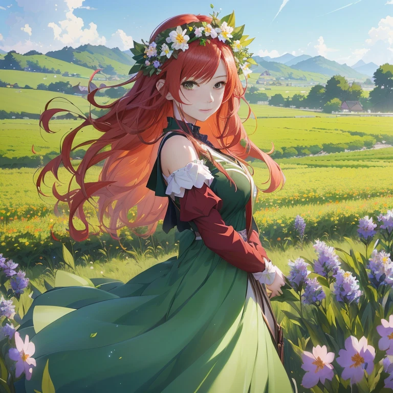 anime girl with long red hair in a green dress in a field of flowers, cushart krenz key art feminine, anime style 4 k, beautiful anime, beautiful anime art, anime art wallpaper 8 k, beautiful anime artwork, anime art wallpaper 4 k, anime art wallpaper 4k, guweiz on pixiv artstation, 4k anime wallpaper