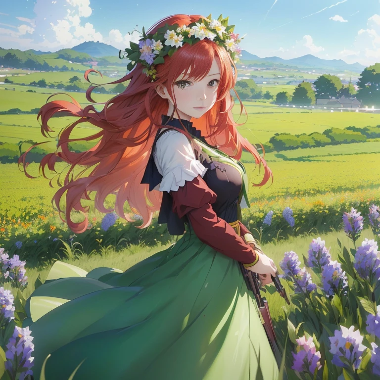 anime girl with long red hair in a green dress in a field of flowers, cushart krenz key art feminine, anime style 4 k, beautiful anime, beautiful anime art, anime art wallpaper 8 k, beautiful anime artwork, anime art wallpaper 4 k, anime art wallpaper 4k, guweiz on pixiv artstation, 4k anime wallpaper