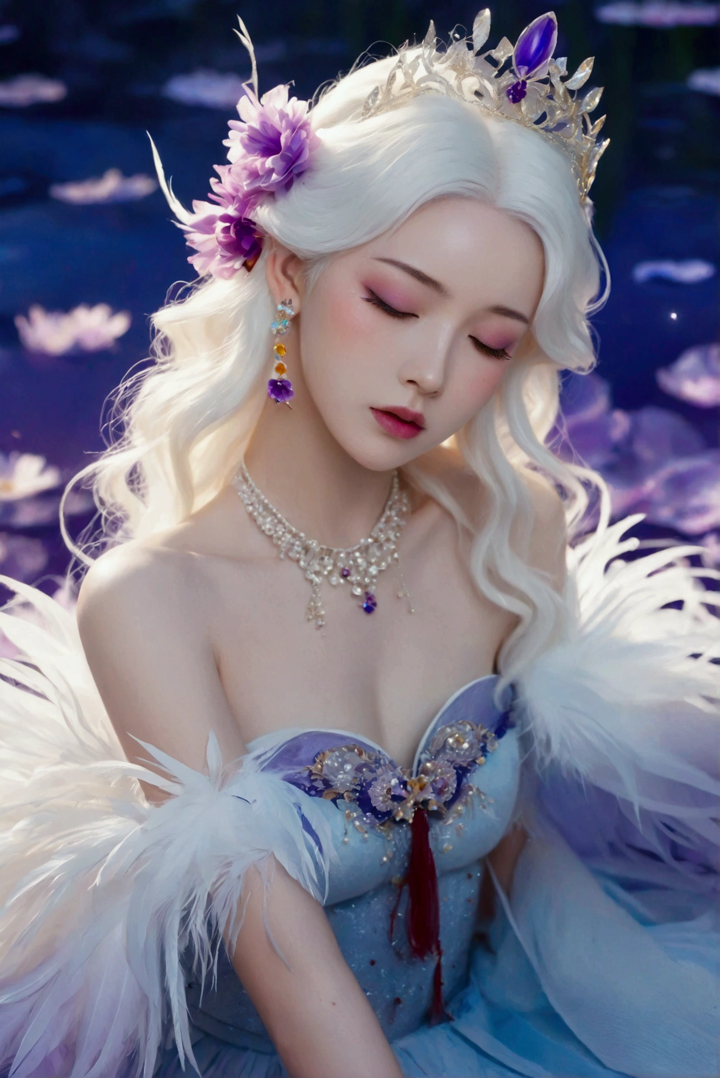 Masterpiece，Dazzling multicolored light，ultra detailed，A girl.，In the flowers，**** a sleeping princess，Earrings，White feather tulle，Long white eyelashes，Extra-long hair is slightly curly，White hair，(Hair takes up the entire frame)，a charming face，Glowing lips，clavicle，Shoulder exposure，Floating petals，Dreamy and beautiful，The characters are thick and painted.，Fine strokes，Wallpaper，The background is graded with white and purple，anime aesthetic，Poolcoreanime beauty，Hyperrealism，sparkle，textured skin，super detail，best quality，8k， ,