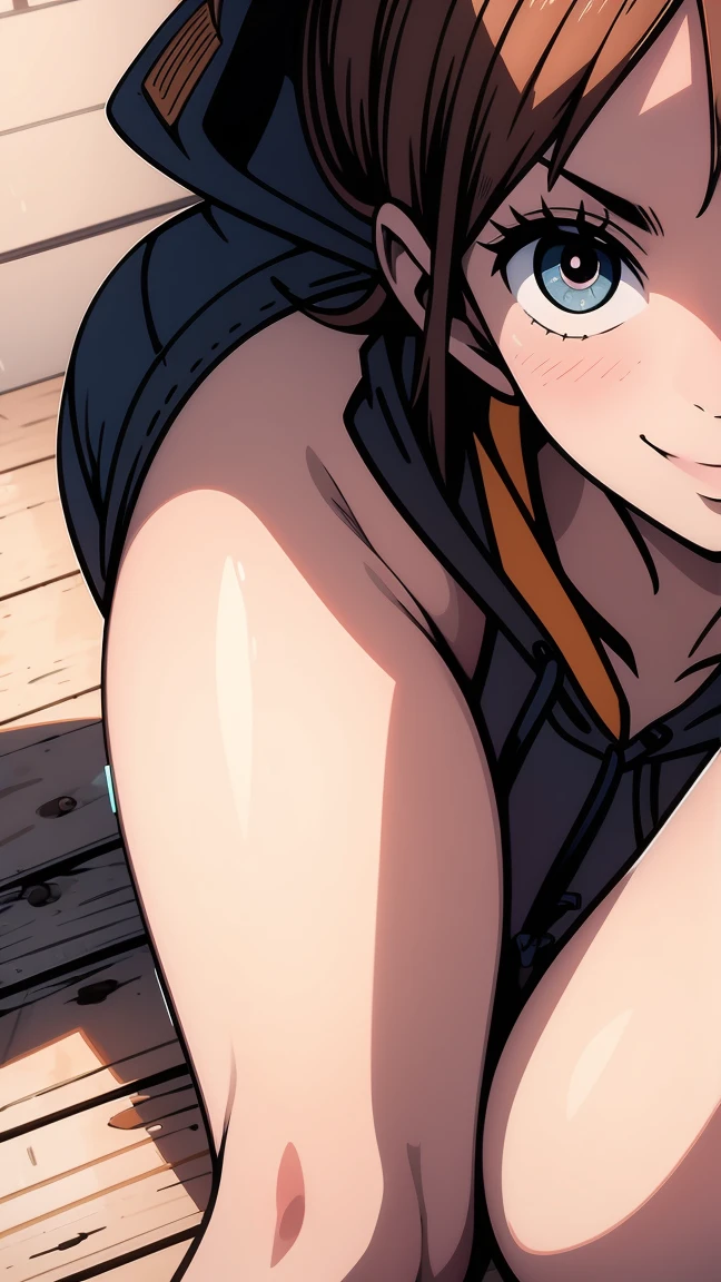 nami, (large breast:1.2),seductive smile,
BREAK ((black hoodie:1.5)),
BREAK siiting on wooden floor, large windows, indoors, close up feet, smile, full blush, large breasts, nipples, long nipples, nipples erection, small areolae, pussy,
BREAK (masterpiece:1.2), best quality, high resolution, unity 8k wallpaper, (illustration:0.8), (beautiful detailed eyes:1.6), extremely detailed face, perfect lighting, extremely detailed CG, (perfect hands, perfect anatomy),