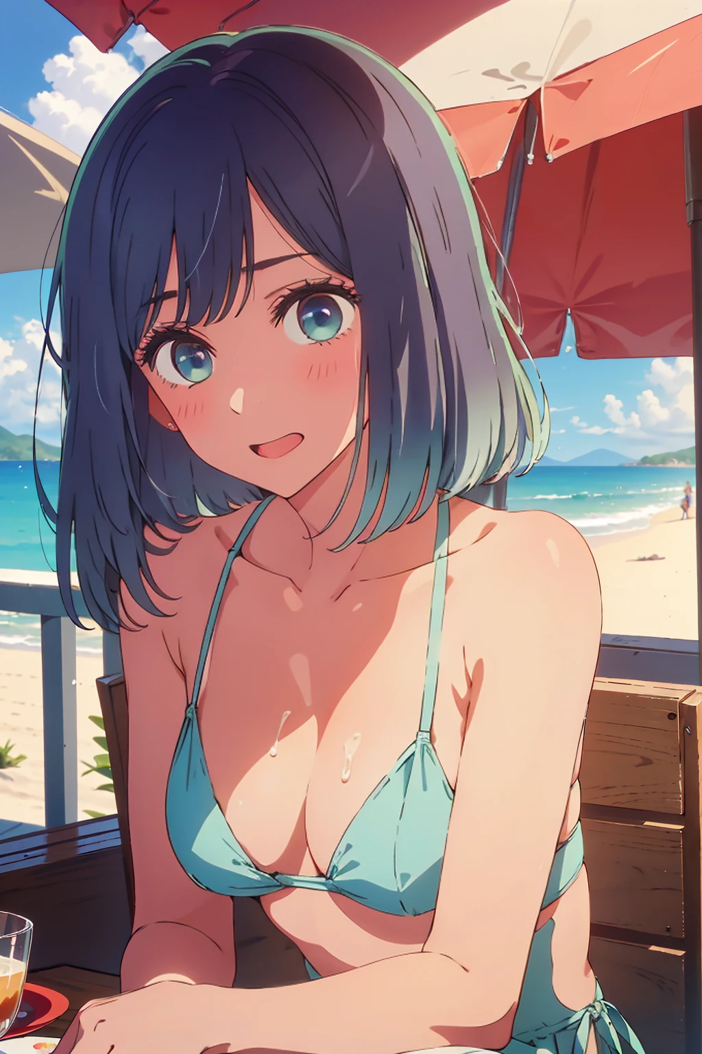 (Highest quality:1.4、masterpiece:1.4、Super detailed:1.4、8K:1.4)、((((1 person、Surprised expression、sit、Cafe Terrace、coastal、juice、table、Sandy Beach、juiceのグラスを持つ、Very soft boobs、Big eyes、Very cute face))))、(Areolas protrude from bikini:1.4)、F cup bust、Medium breast、Underboob、Nipples