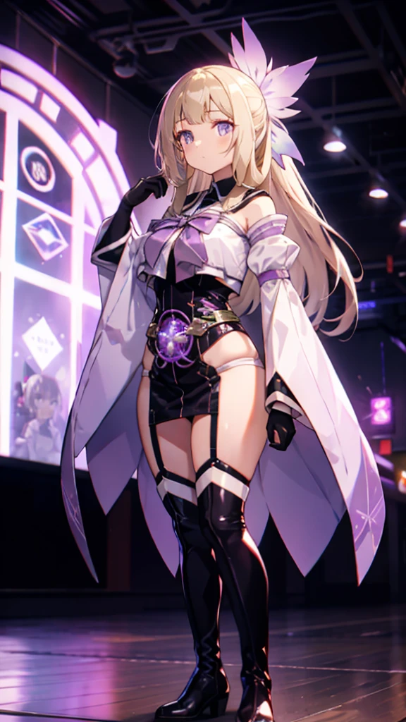 (Highly detailed CG), (Highest quality),(full body)， 1 Girl,alone, Grey Eyes,Long Hair, Blonde,Purple Dress,Wide white sleeves,Purple ribbon,Purple Stockings,hair ornaments,Bare shoulders,Removed sleeve, Black gloves, Blunt bangs, Magical girl, Perfect Face,  Shiny skin, Shiny skin, Wide Hips,Tight waist,Knee-high boots，Elbow Bag,1 Girl, Long Hair, Big Breasts，Thick thighs，sunset，Octane，Pose in front，