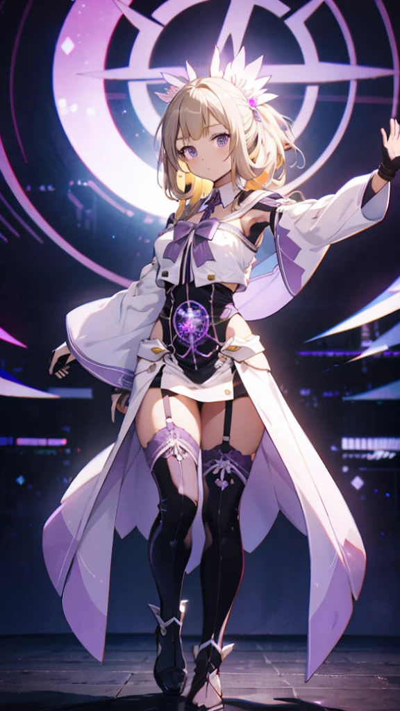 (Highly detailed CG), (Highest quality),(full body)， 1 Girl,alone, Grey Eyes,Long Hair, Blonde,Purple Dress,Wide white sleeves,Purple ribbon,Purple Stockings,hair ornaments,Bare shoulders,Removed sleeve, Black gloves, Blunt bangs, Magical girl, Perfect Face,  Shiny skin, Shiny skin, Wide Hips,Tight waist,Knee-high boots，Elbow Bag,1 Girl, Long Hair, Big Breasts，Thick thighs，sunset，Octane，Pose in front，