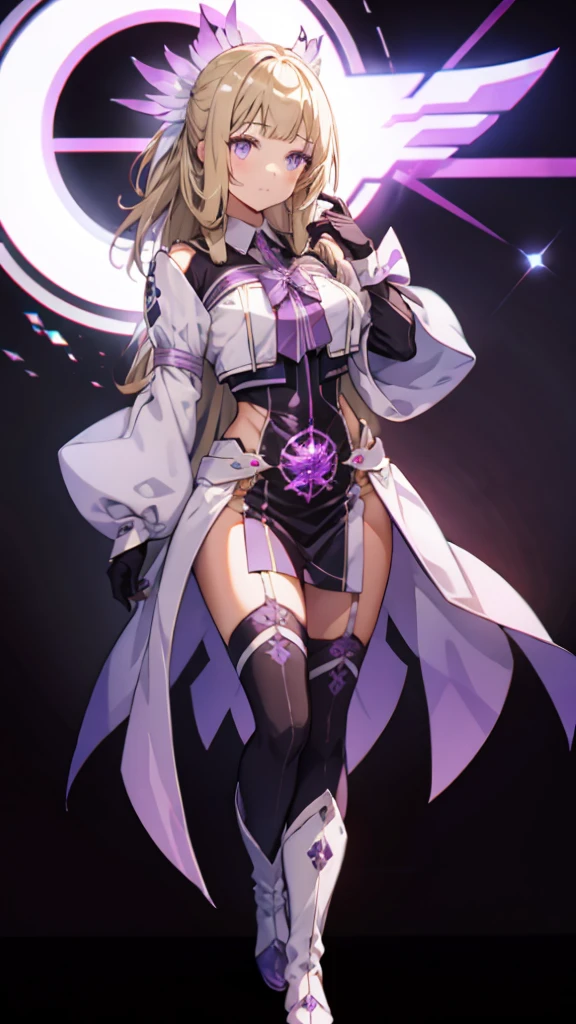 (Highly detailed CG), (Highest quality),(full body)， 1 Girl,alone, Grey Eyes,Long Hair, Blonde,Purple Dress,Wide white sleeves,Purple ribbon,Purple Stockings,hair ornaments,Bare shoulders,Removed sleeve, Black gloves, Blunt bangs, Magical girl, Perfect Face,  Shiny skin, Shiny skin, Wide Hips,Tight waist,Knee-high boots，Elbow Bag,1 Girl, Long Hair, Big Breasts，Thick thighs，sunset，Octane，Pose in front，