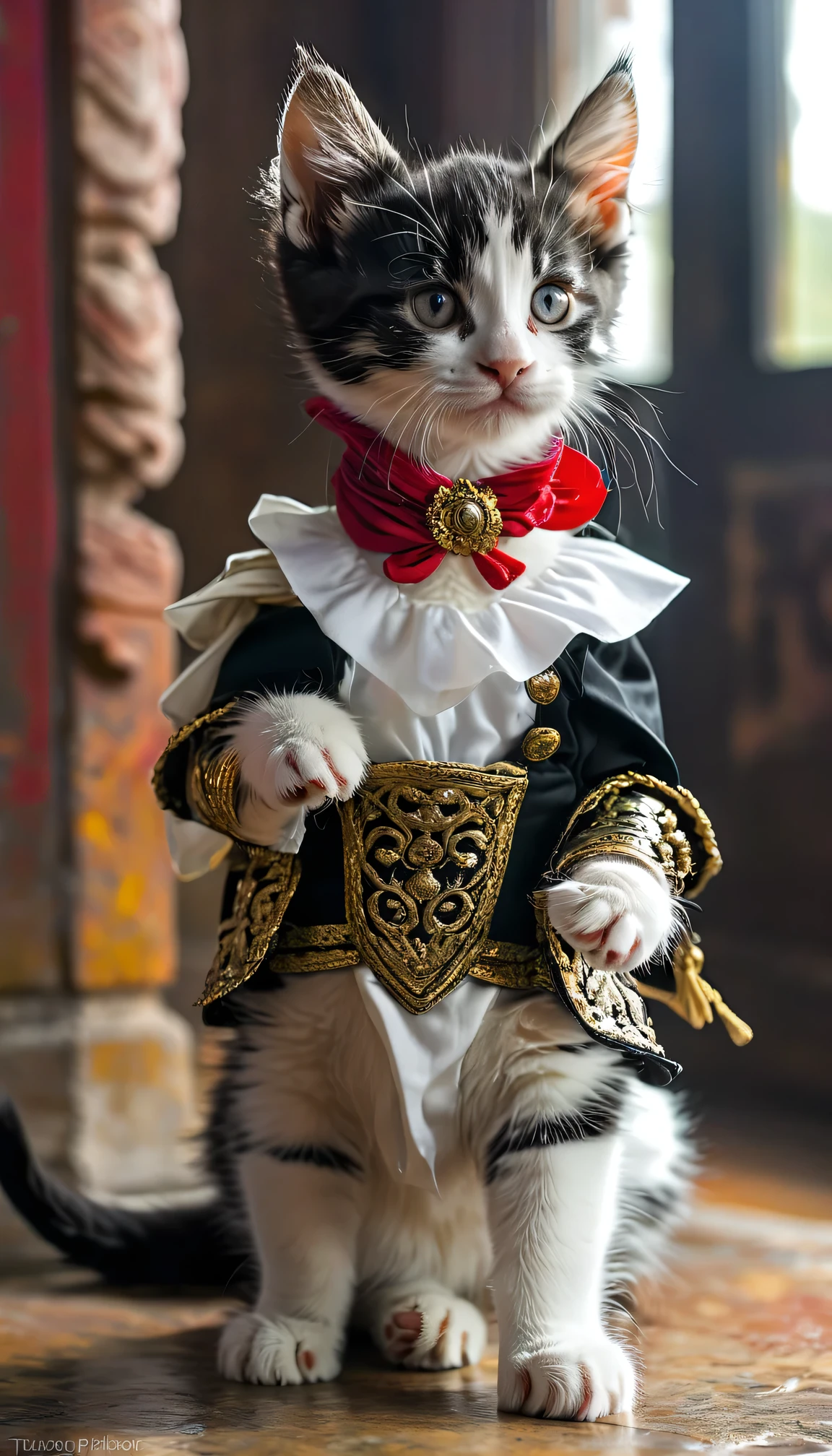 Roman period　Tuxedo Kitten Warrior　Full Body Shot　Looking this way　