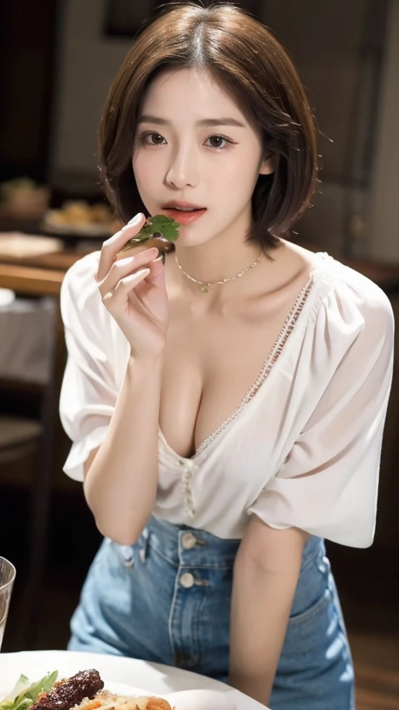 (real, High resolution:1.3), short hair, Wearing a blouse,No breasts、A dainty man dressed as a woman、Eating at home、Transsexual、The collarbone and hands are slightly muscular.、the skin is dark、Dark eyebrows