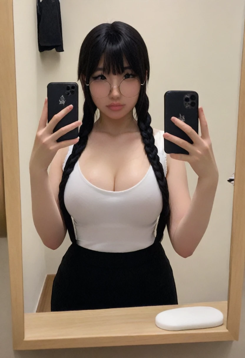 leelpipstan, yurasweb, big lips, lips, sexy lips, 1girl, 1boy, black hair, double braids, glasses, round eyewear, solo, realistic, lips, large breasts, black eyes, pov, selfie, phone in hand, mirror selfie 