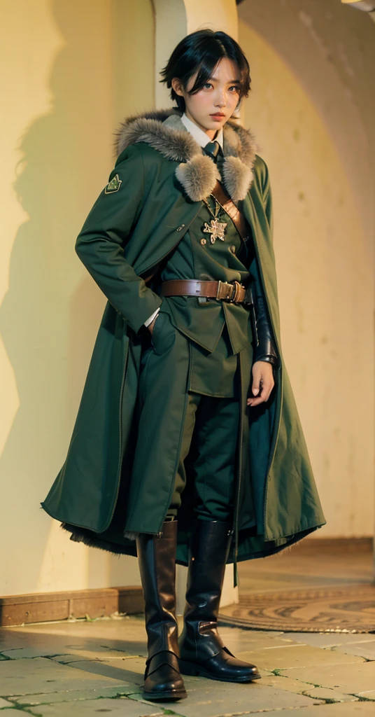 yuichiro hyakuya, (WithoutFear:1), 1 boy, black hair, green eyes, brown coat, gray armor, green shield, green cloak, dark brown gloves, town, white fur trim, tall, anime, standing, good quality, portrait, looking at viewer