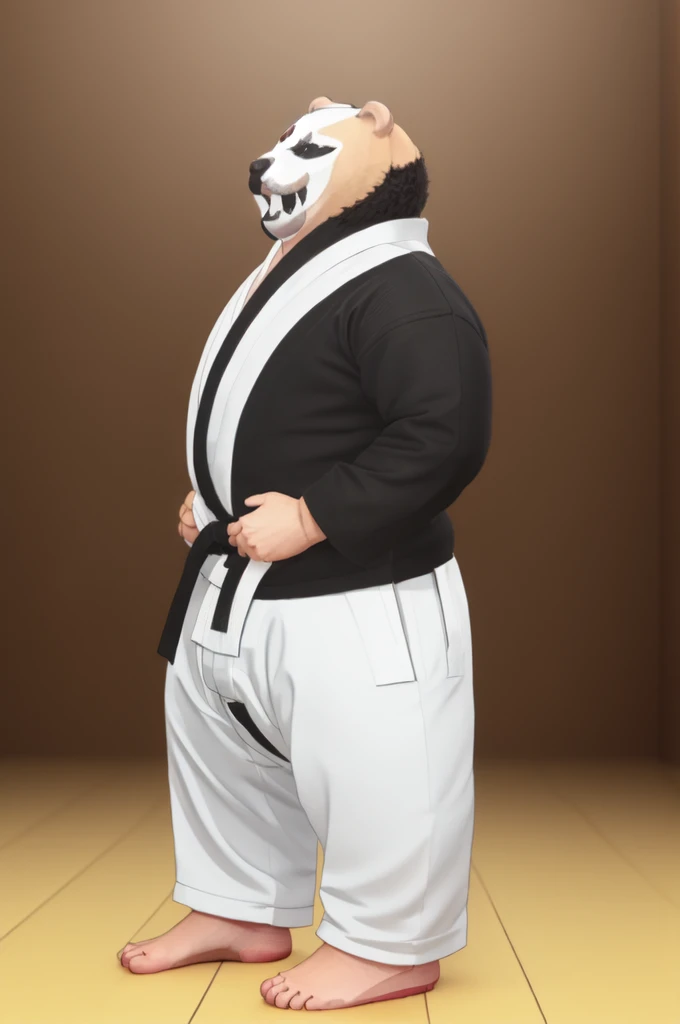 (((Barefoot furry character, full body, cinematic setting, furry male, plantigrade)))
(((monokuma))), bear, grin, teeth, half black and half white, judo, blue kimono, (((ankle braces))), (((martial art footwear)))
BREAK, masterpiece, ((detailed background)), ((dynamic background)), 8K, (masterpiece:1.5), intricate details, highly detailed, extreme detail, octane render, unreal engine, fine art, best quality, highres, (detailed face:1.5), ((full_body)), UHD, (((perfect hands))), low light, set at night