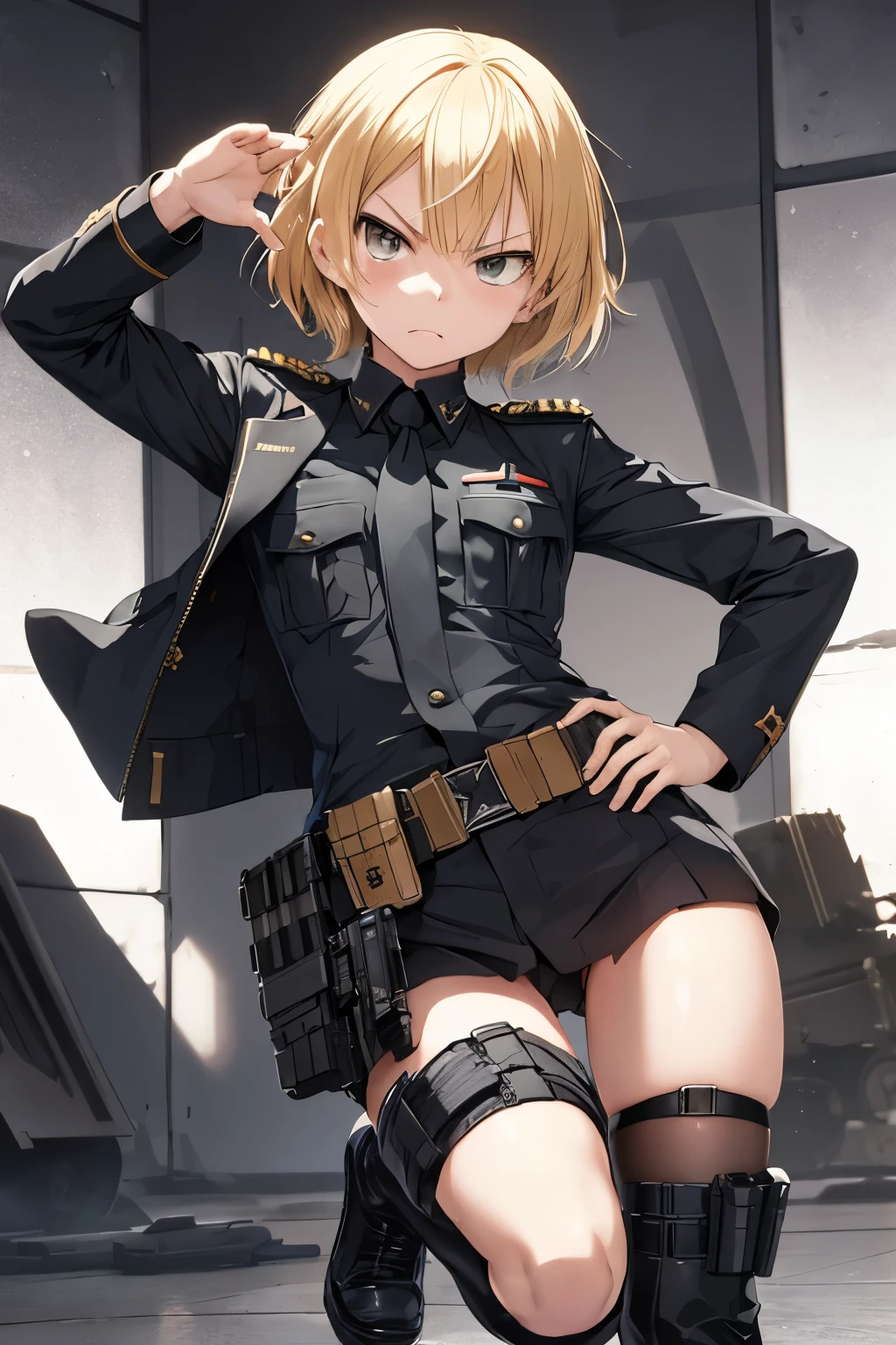 Anime girl , childishi body , angry face  menacing  , short Blonde hair  , keep militar,   uniform  , tactical military , pistols  , katana , military boots  . Utility Belt Pistol Holster  . Serious