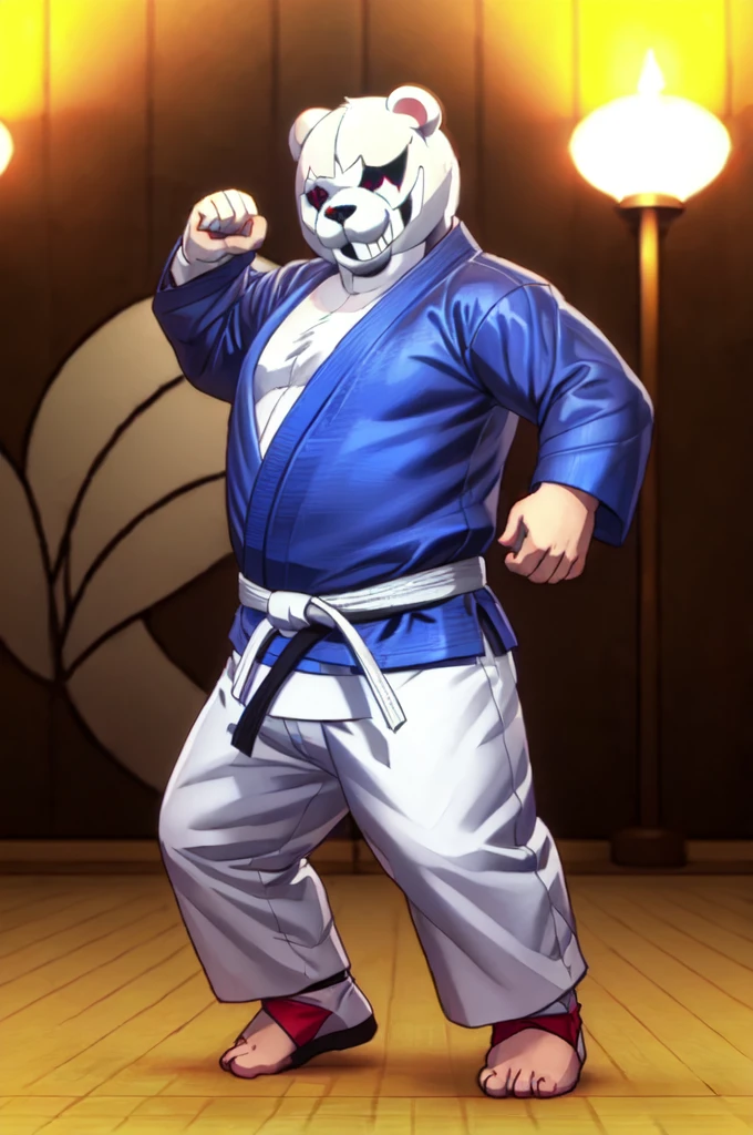 (((Barefoot furry character, full body, cinematic setting, furry male, plantigrade)))

(((monokuma))), bear, grin, teeth, half black and half white, judo, blue kimono, (((ankle braces))), (((martial art footwear)))

BREAK, masterpiece, ((detailed background)), ((dynamic background)), 8K, (masterpiece:1.5), intricate details, highly detailed, extreme detail, octane render, unreal engine, fine art, best quality, highres, (detailed face:1.5), ((full_body)), UHD, (((perfect hands))), low light, set at night