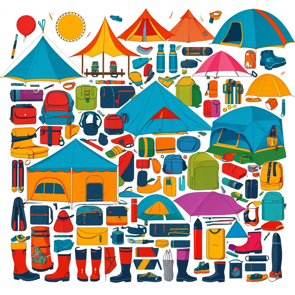 A whimsical infographic showing essential festival items (tent, backpack, rain boots, etc.) arranged around a central character, illustrated in a fun, cartoon style with bold colors