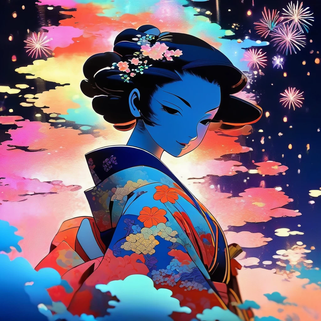 Microphotography, Anime girl made of glass in kimono silhouette, vibrant rainbow river, fireworks in night sky, colorful coral reefs, detailed illustration, Ukiyo-e style --ar 3:4 --style raw --stylize 600 --niji 6