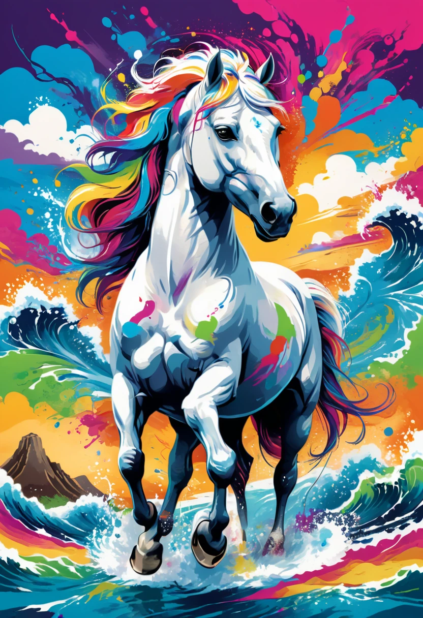 A t-shirt with a colorful illustration of , a white horse in the center, swirly vibrant colors, paint splashes and smears, high détail,Hawaii Background
(artwork, best quality, proffesional, perfect composition, very aesthetic, absurdrez, super verbose, Intricate details:1.3)