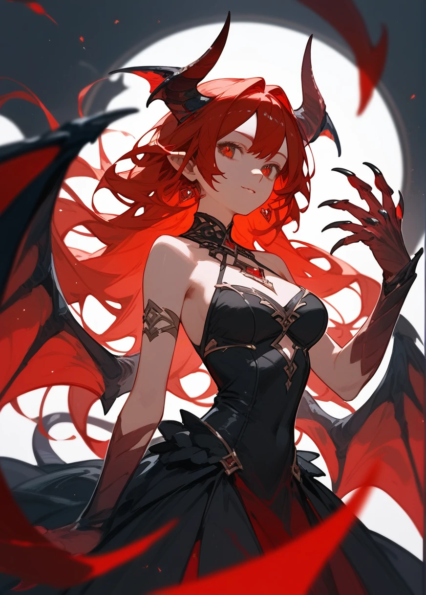 (score_9,score_8_up,score_7_up),1girl,girl demon,red hair,red eyes,wings,claws,black dress,beautiful_face,