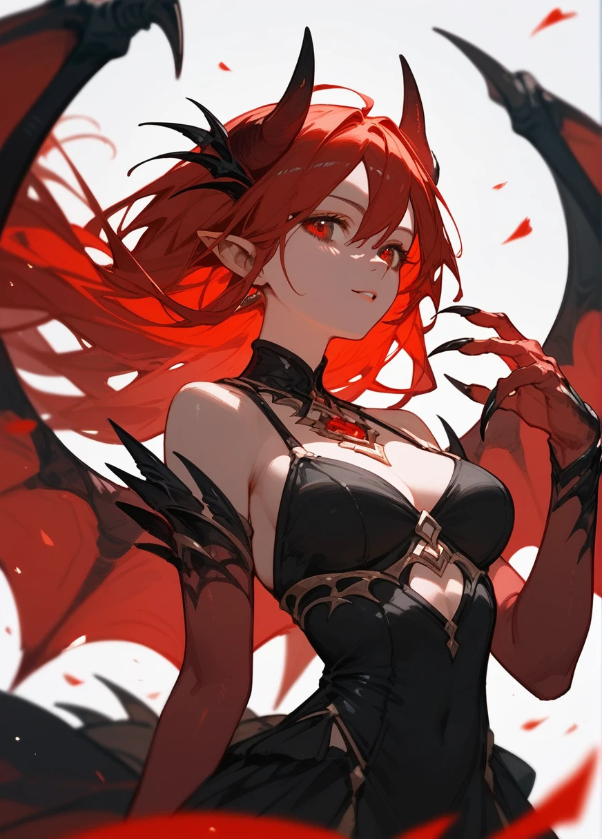 (score_9,score_8_up,score_7_up),1girl,girl demon,red hair,red eyes,wings,claws,black dress,beautiful_face,