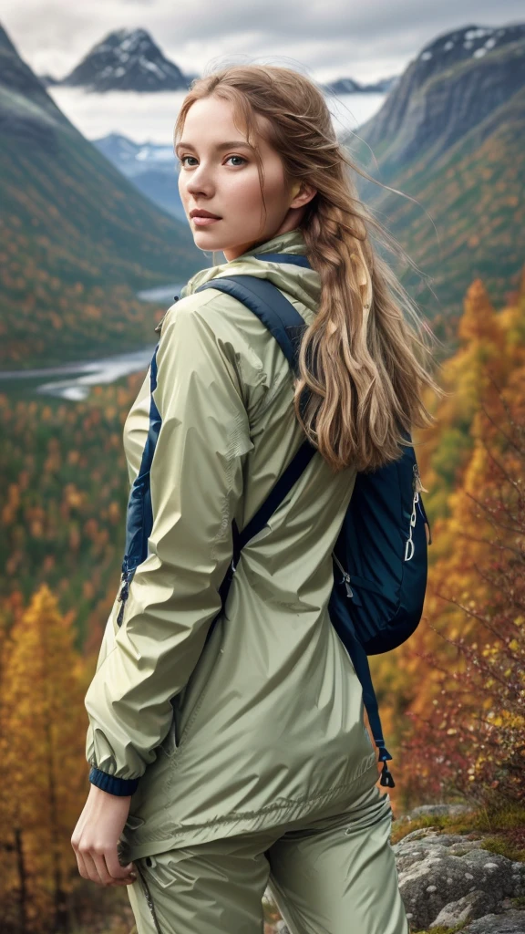 Naturescape photography; mountain climbing; Full body view; (1woman:0.5, solo), (slender body), (Small breasts) , (soaking wet red wind jacket ,tight satin Pants, terrain running shoes, big rucksack), standing on a mountain peak, Rough track, boulders , (long yellow hair), (nordic girl, 26-year-old, ultra delicate face, ultra Beautiful face, ultra delicate eyes, ultra detailed nose, ultra detailed mouth, ultra detailed facial features, natural skin, blemishes, blue eyes), (breasts are small: 0.5) (face is shiny:0.8), (natural skin:1 m, (Spectacular autumn rain, mountain views, with rugged Norwegian mountain ranges in the distance ), (Highest Quality, hyper-realistic:1.3, Super dense, very detailed illustration, Best image quality, very detailed illustration) natural skin, blemishes, detail skin texture, full body pose, natural skin poors, (((shot straight from the behind ))) she is uncomfortable and cold, afraid