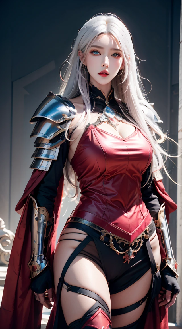 realisticlying, A high resolution, a 1 woman, shiny skins, Alone, jewely, redish pink lips, Long white hair, eBlue eyes, Keep your mouth shut, hip-up, Fantasy armor, holding a sword, Wearing heavy armor