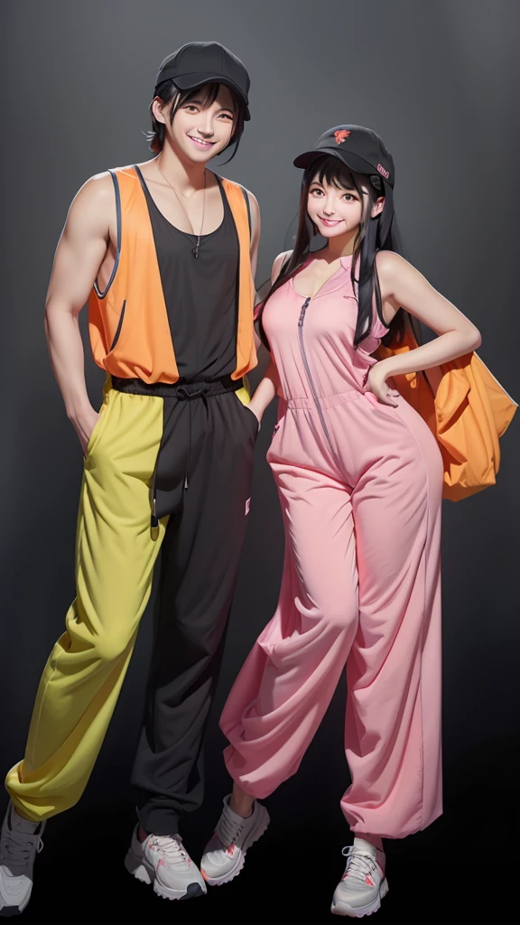 A beautiful woman with black straight hair is smiling、He is wearing a fluorescent orange vest and a hot pink cap over his camouflage jumpsuit.。
