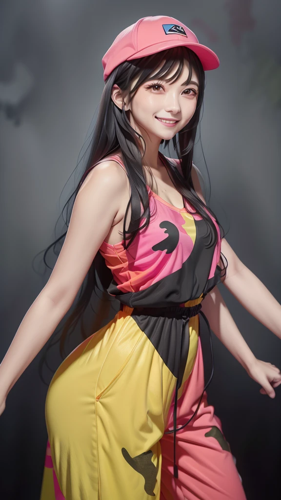 A beautiful woman with black straight hair is smiling、He is wearing a fluorescent orange vest and a hot pink cap over his camouflage jumpsuit.。