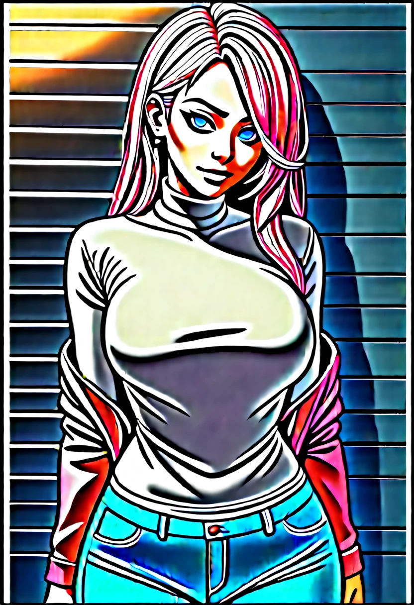 score_9, score_8_up, score_7_up, detailed, 1girl, solo, intricate details, chromatic aberration, realistic, long hair, pink hair, red head ornament, pink highlights, hair over one eye, purple eyes, earrings, sharp eyes, choker, neon shirt, torn legwear, open jacket, turtleneck sweater, night,against wall, brick wall, graffiti, dim lighting, alley, looking at viewer