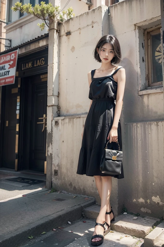 (((best quality))),(((Extremely detailed))),(((masterpiece))),illustration,1 Girl,Slim,Active Cotton Dress,Short straight hair,flat chest,permanent, Bustling city streets,Surrounded by a crowd, rich and colorful,Enjoy the sights and sounds,(Dark black skin:1.5),whole body,Stand in front of you,Place your hands at your sides,Long legs,sandals