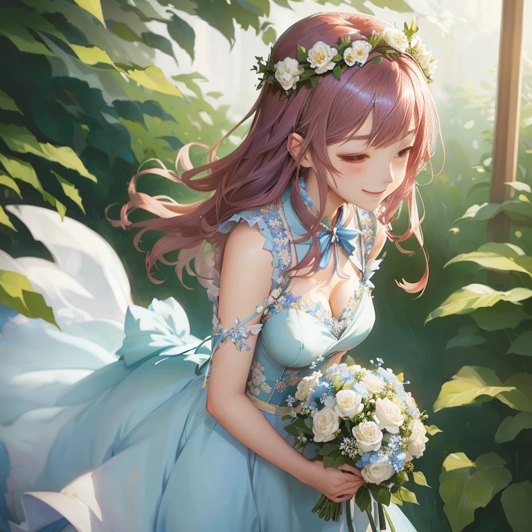 anime girl in blue dress holding a bouquet of flowers, cute anime waifu in a nice dress, guweiz on pixiv artstation, guweiz, guweiz on artstation pixiv, artwork in the style of guweiz, smooth anime cg art, smiling as a queen of fairies, in dress, marin kitagawa fanart