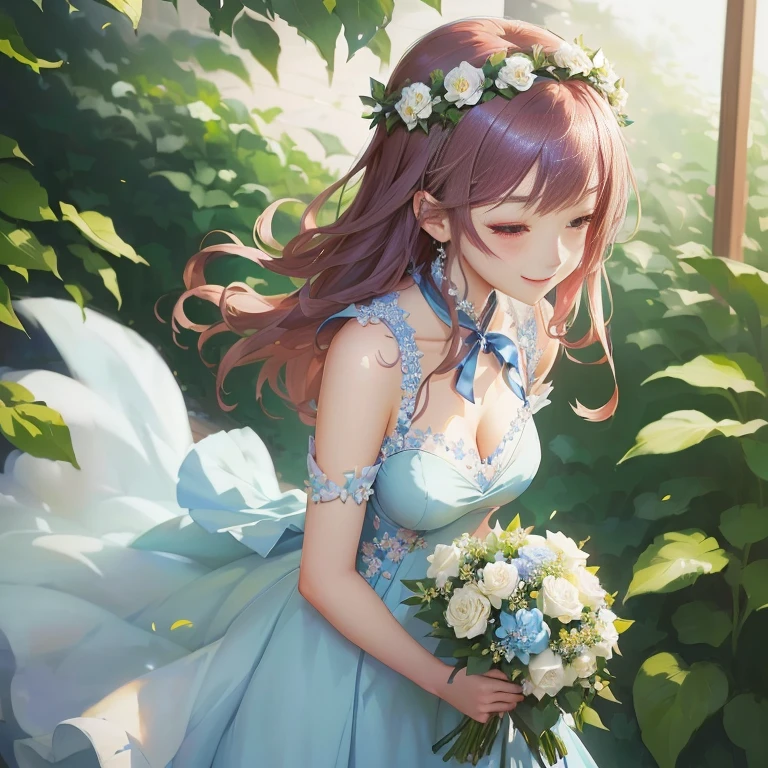 anime girl in blue dress holding a bouquet of flowers, cute anime waifu in a nice dress, guweiz on pixiv artstation, guweiz, guweiz on artstation pixiv, artwork in the style of guweiz, smooth anime cg art, smiling as a queen of fairies, in dress, marin kitagawa fanart