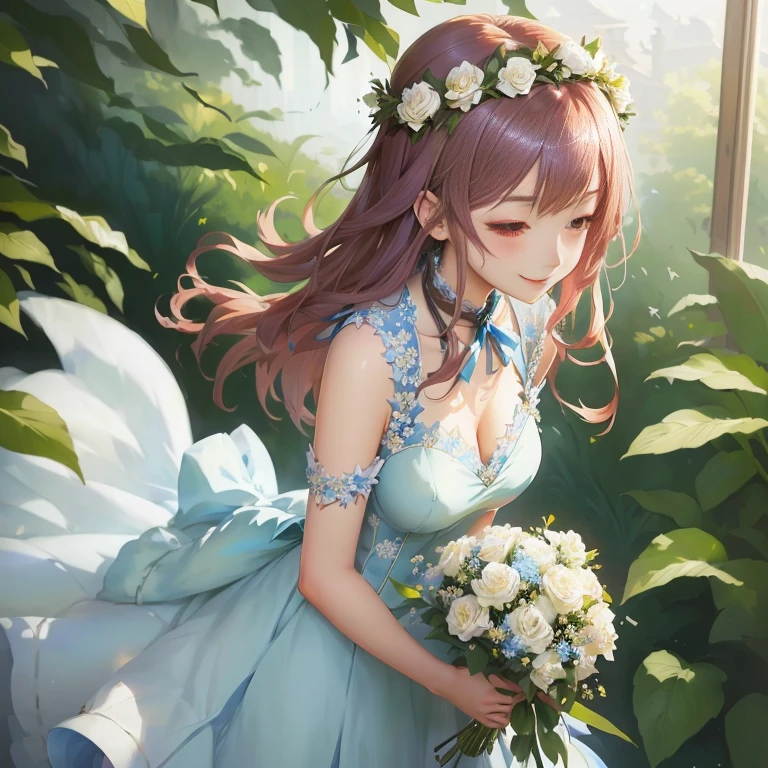 anime girl in blue dress holding a bouquet of flowers, cute anime waifu in a nice dress, guweiz on pixiv artstation, guweiz, guweiz on artstation pixiv, artwork in the style of guweiz, smooth anime cg art, smiling as a queen of fairies,  in dress, marin kitagawa fanart
