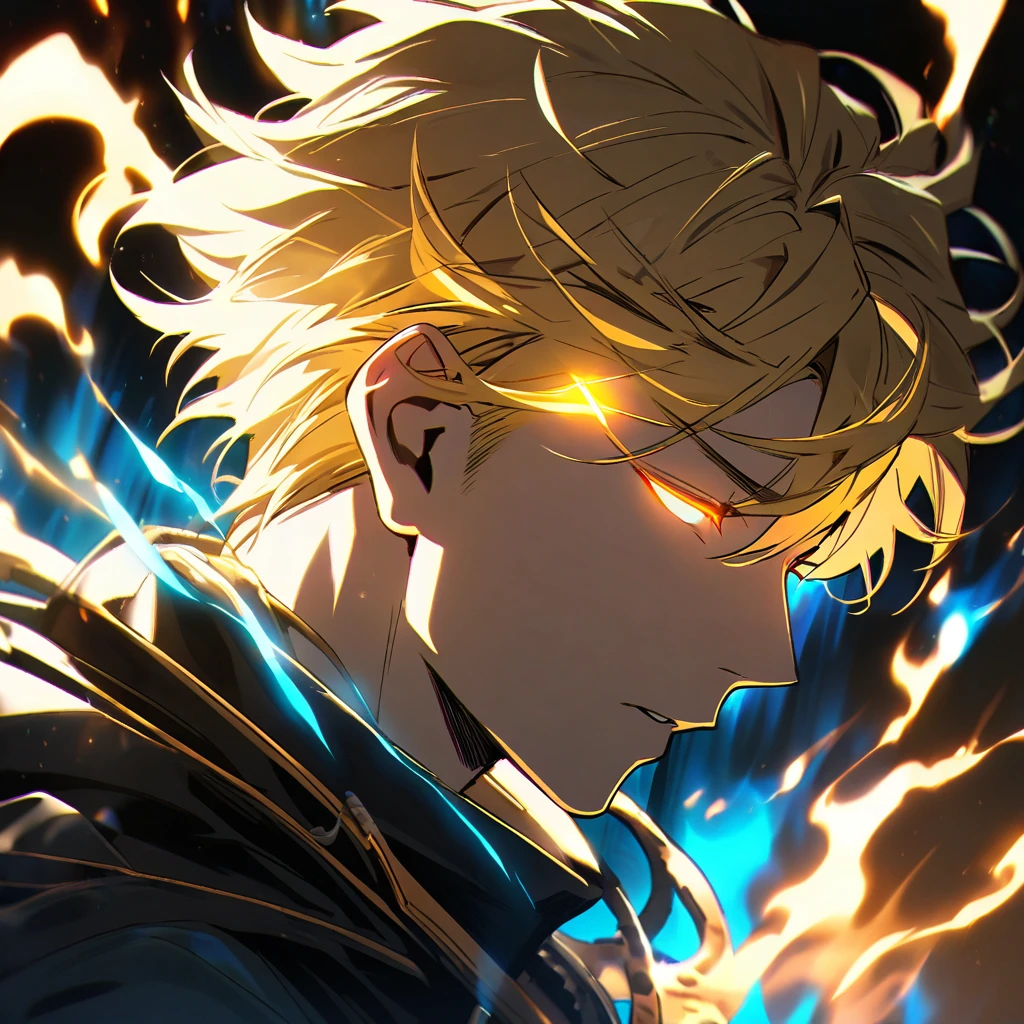 male, solo, handsome, blond hair, god, god eyes, glowing eyes, light, aura, holo, golden, face closed