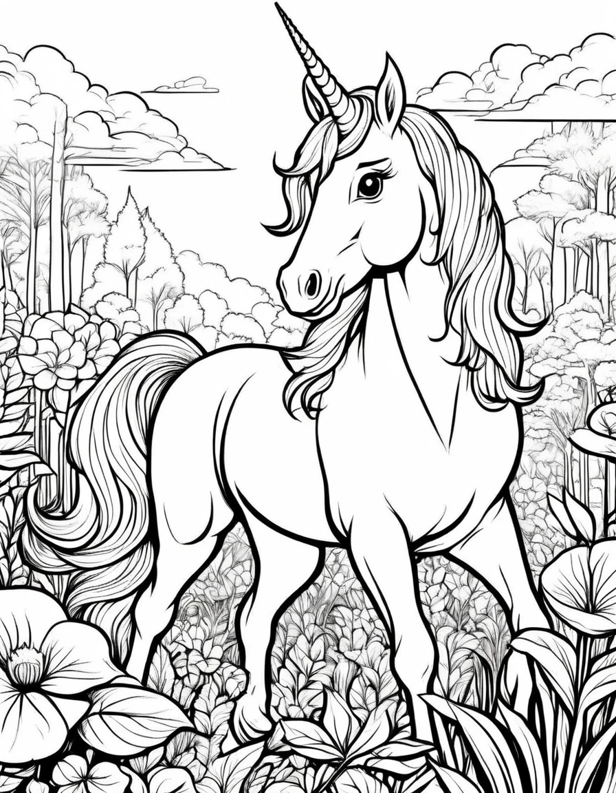 beautiful Unicorn, adult, Fantasy, ดวงตาNo color, Coloring pages for kids, be happy, Bending down to eat grass, At the back is a garden., rainbow, vector art, simple, 2D vector, black lines white background, For beginners, Vector illustration, Pencil strokes, No color, drawing coloring, white background, Pixar style, black and white, For children 3 years old