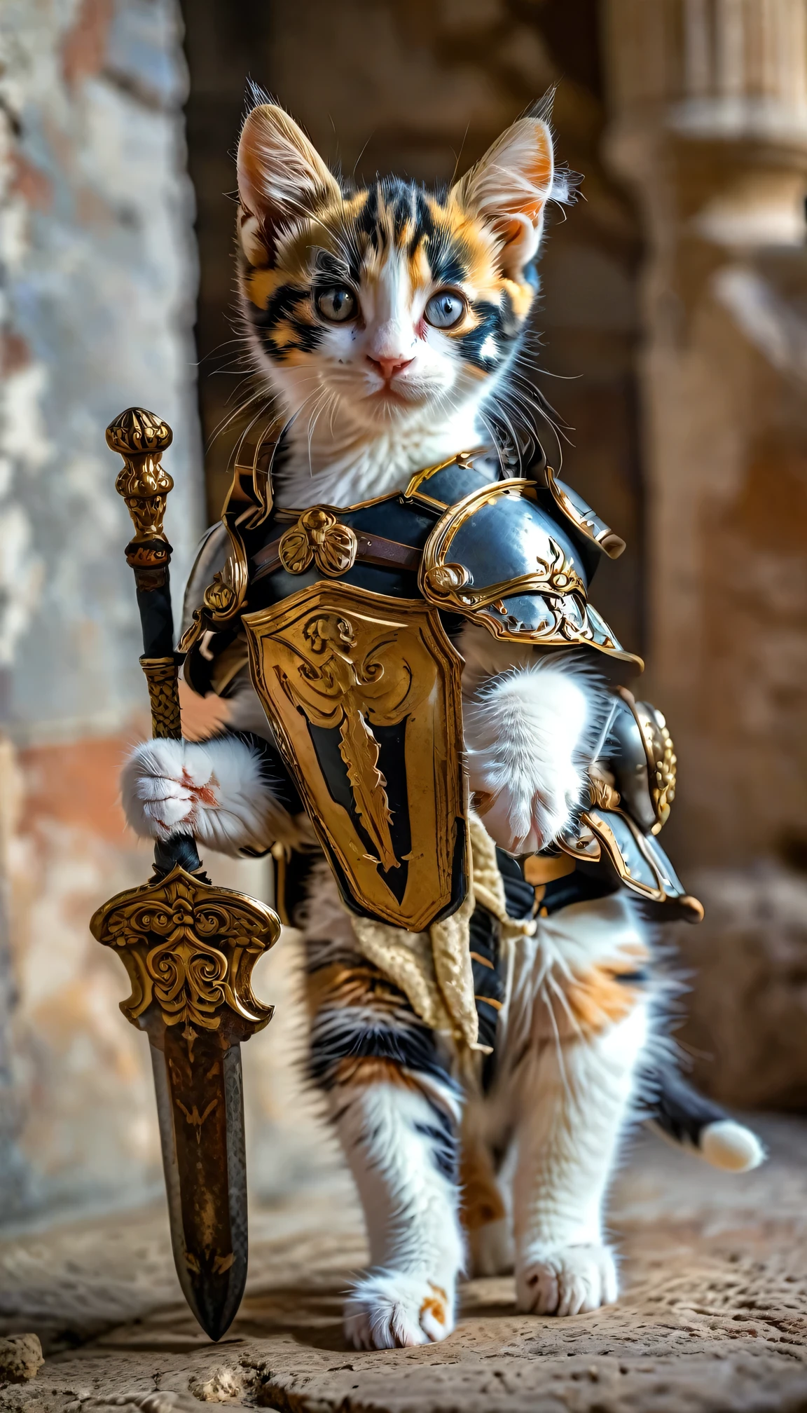 Roman period calico Kitten Warrior Full Body Shot Looking this way