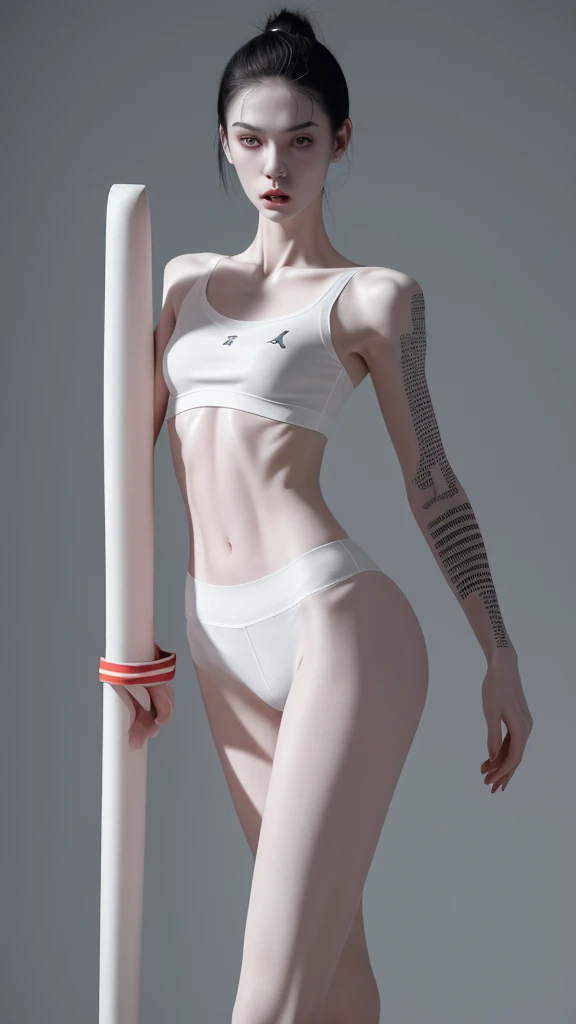 a very thin woman with visible bones, pale white skin, sweaty body, full body view , perfect body slim , sweaty weat body, wearing short sport pant and bra, tatto, in a prison(best quality,4k,8k,highres,masterpiece:1.2)