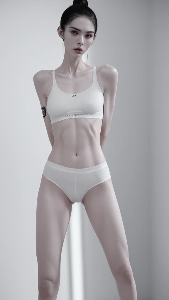 a very thin woman with visible bones, pale white skin, sweaty body, full body view , perfect body slim , sweaty weat body, wearing short sport pant and bra, tatto, in a prison(best quality,4k,8k,highres,masterpiece:1.2)