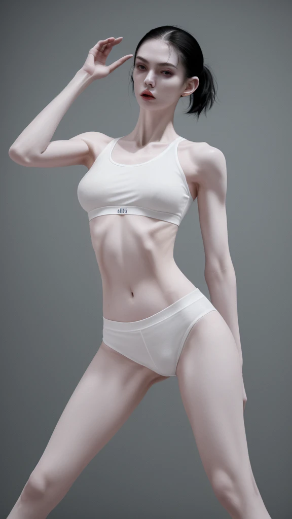 a very thin woman with visible bones, pale white skin, sweaty body, full body view , perfect body slim , sweaty weat body, wearing short sport pant and bra, tatto, sitting in a sofa(best quality,4k,8k,highres,masterpiece:1.2)