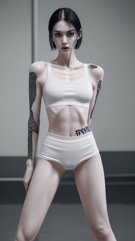 a very thin woman with visible bones, pale white skin, sweaty body, full body view , perfect body slim , sweaty weat body, wearing short sport pant and bra, tatto, in a prison(best quality,4k,8k,highres,masterpiece:1.2)