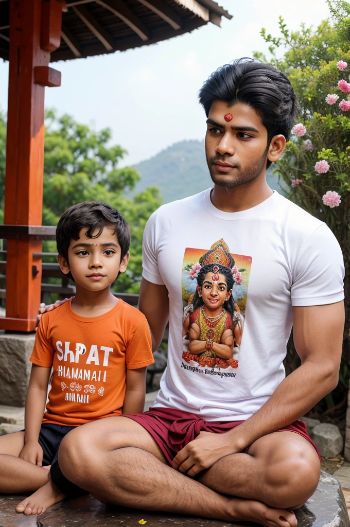 Create a Realistic High Quality image of LORD HANUMAN is depicted in meditation . Sitting on a Stone. A Realistic 18 year old boy Wearing Saffron T-shirt sprinkles flowers to HANUMAN and performs Pooja , Hanuman ji giving blessings to boy,Name "sagar" is written on the Boy's T-shirt. The Background features "Happy Hanuman Jayanti" in the background. beautiful background view .