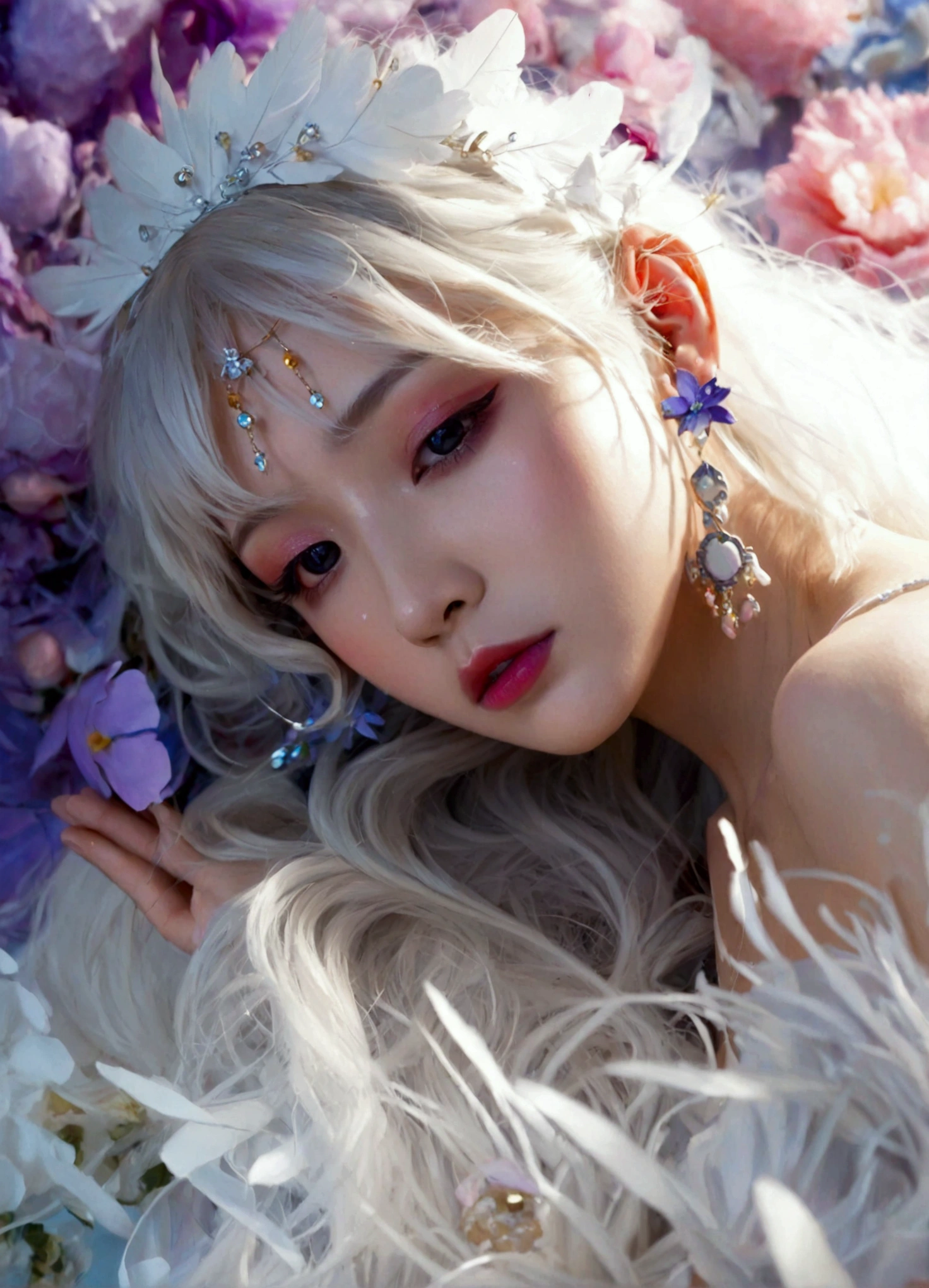Masterpiece,Dazzling multicolored light,ultra detailed,A girl.,In the flowers,**** a sleeping princess,Earrings,White feather tulle,Long white eyelashes,Extra-long hair is slightly curly,White hair,(Hair takes up the entire frame),a charming face,Glowing lips,clavicle,Shoulder exposure,Floating petals,Dreamy and beautiful,The characters are thick and painted.,Fine strokes,Wallpaper,The background is graded with white and purple,anime aesthetic,Poolcoreanime beauty,Hyperrealism,sparkle,textured skin,super detail,best quality,8k, ,