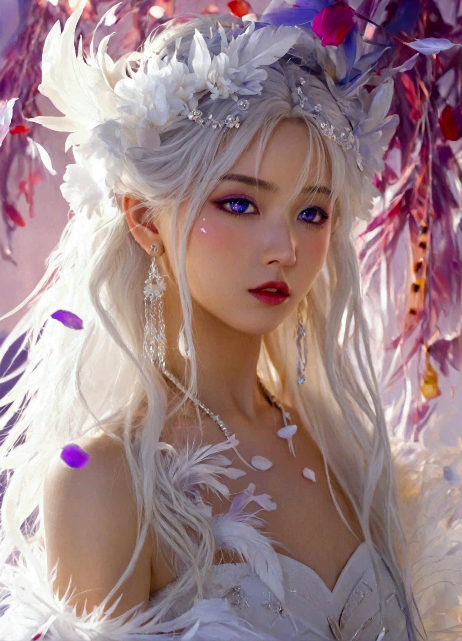 Masterpiece,Dazzling multicolored light,ultra detailed,A girl.,In the flowers,**** a sleeping princess,Earrings,White feather tulle,Long white eyelashes,Extra-long hair is slightly curly,White hair,(Hair takes up the entire frame),a charming face,Glowing lips,clavicle,Shoulder exposure,Floating petals,Dreamy and beautiful,The characters are thick and painted.,Fine strokes,Wallpaper,The background is graded with white and purple,anime aesthetic,Poolcoreanime beauty,Hyperrealism,sparkle,textured skin,super detail,best quality,8k, ,