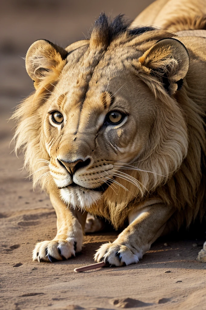 Image of a tiny mouse running over the lion's nose - A close-up of a tiny mouse on the lion’s nose, waking him up