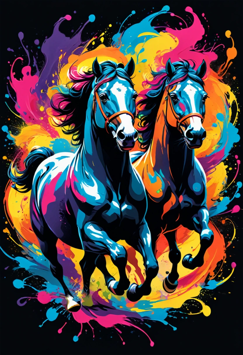 Uma camiseta com vectorial art de uma ilustração colorida com dois cavalos a correr, At the center, swirly vibrant colors, paint splashes and smears, high détail, black backdrop, vectorial art, 
(artwork, best quality, proffesional, perfect composition, very aesthetic, absurdrez, super verbose, Intricate details:1.3)