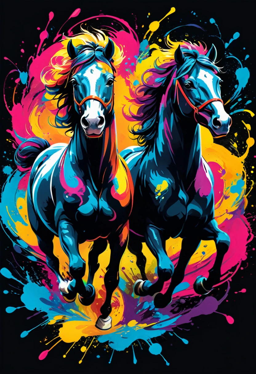 Uma camiseta com vectorial art de uma ilustração colorida com dois cavalos a correr, At the center, swirly vibrant colors, paint splashes and smears, high détail, black backdrop, vectorial art,
(artwork, best quality, proffesional, perfect composition, very aesthetic, absurdrez, super verbose, Intricate details:1.3)