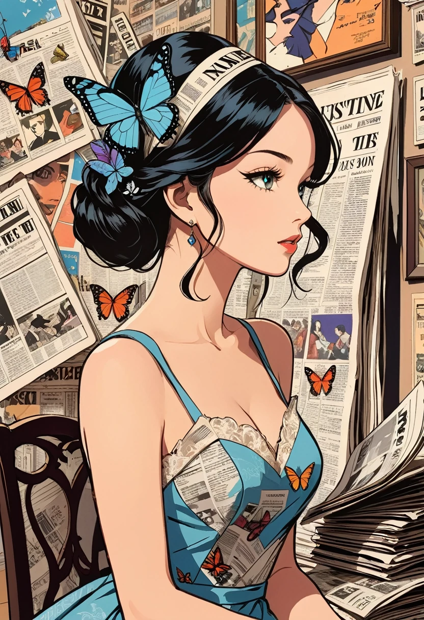 Graphic novel illustrations、Profile of a woman in a dress on a magazine cover、Detailed facial features、Long eyelashes、A butterfly is resting on my head、Newspaper clippings are placed around the room.。The woman's face is realistic and detailed.、Features vibrant colors and sharp focus。The overall image is a high-resolution masterpiece worthy of a magazine cover.。The art style is a mix of photography and concept art.。The colours are vibrant and eye-catching。The lighting is studio-style.、Soft and gentle lighting。The prompt reads:、It also contains text and barcodes commonly found on magazine covers.。