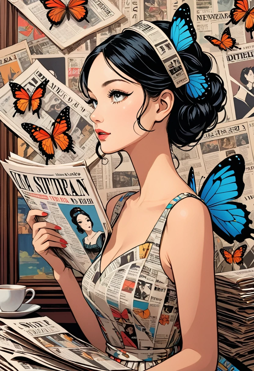 Graphic novel illustrations、Profile of a woman in a dress on a magazine cover、Detailed facial features、Long eyelashes、A butterfly is resting on my head、Newspaper clippings are placed around the room.。The woman's face is realistic and detailed.、Features vibrant colors and sharp focus。The overall image is a high-resolution masterpiece worthy of a magazine cover.。The art style is a mix of photography and concept art.。The colours are vibrant and eye-catching。The lighting is studio-style.、Soft and gentle lighting。The prompt reads:、It also contains text and barcodes commonly found on magazine covers.。