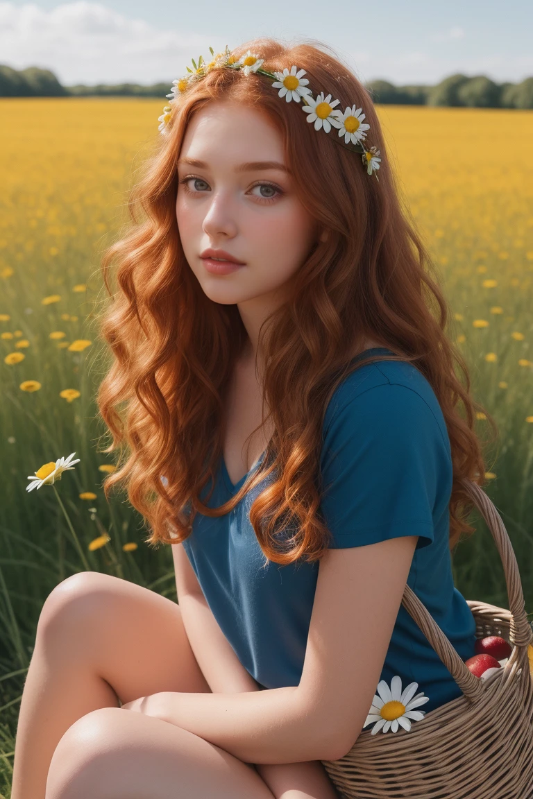 (girl:1.2),alone, (long ginger curly hair:1.1), brown eyes, Wearing a daisy wreath on your head, Sit in a daisy field, (fruit basket:1.1), blue shorts, red shirt,,raw,photographic,photo shadows,actual,Ridiculous,Aesthetic,elegant