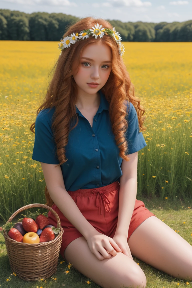 (girl:1.2),alone, (long ginger curly hair:1.1), brown eyes, Wearing a daisy wreath on your head, Sit in a daisy field, (fruit basket:1.1), blue shorts, red shirt,,raw,photographic,photo shadows,actual,Ridiculous,Aesthetic,elegant