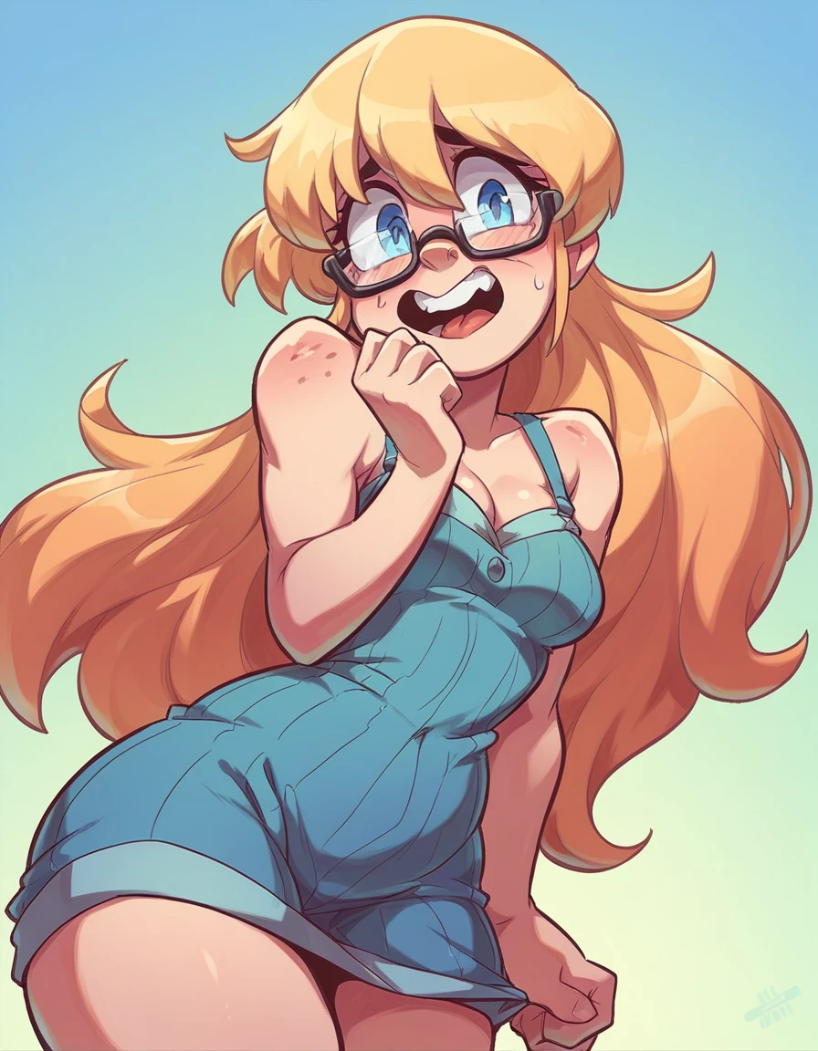 Ralph Bakshi Style, goofy:3.0 curvy big-nose dirty-blonde with small_breasts and blue eyes with glasses and medium-long hair, (droopy_nipples), naked, (pubic_stubble):3.0